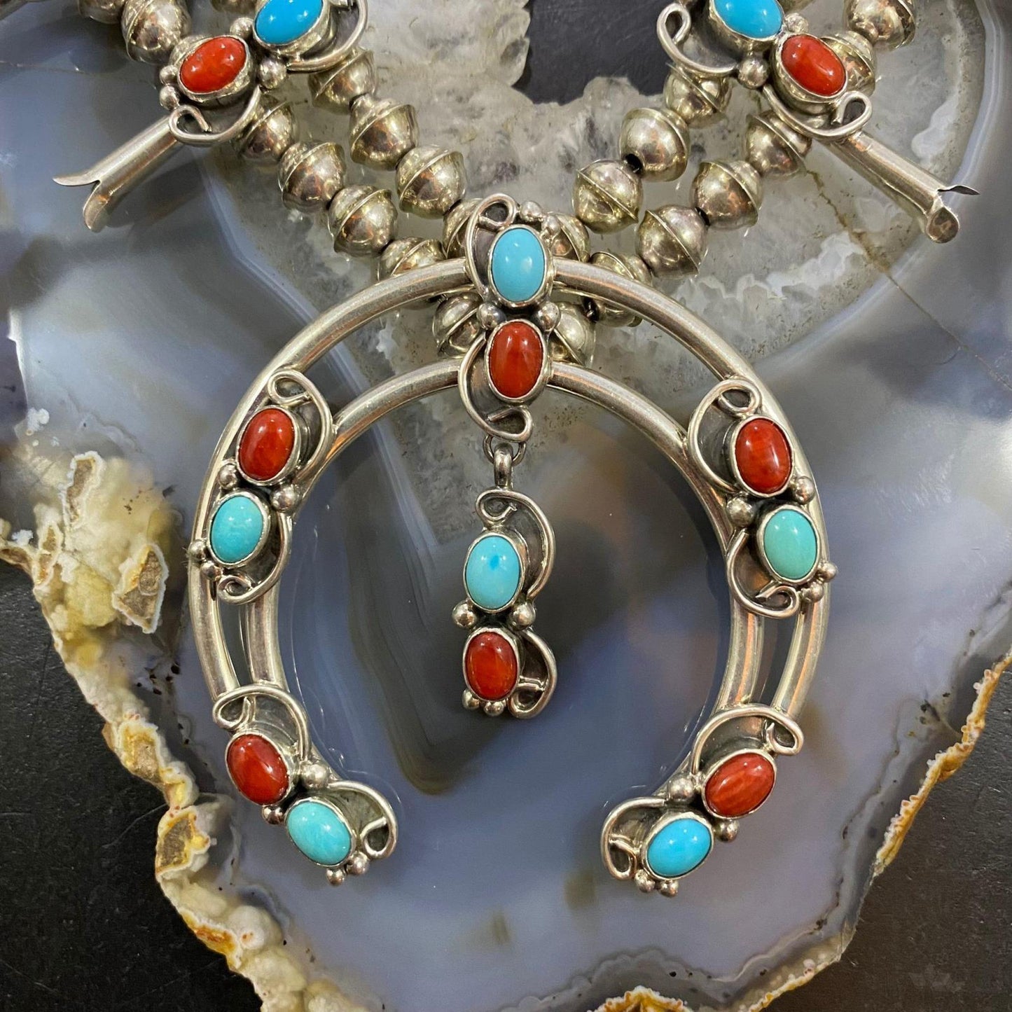 E. Jackson Sterling Silver Coral & Sleeping Beauty Turquoise Squash Blossom Necklace For Women
