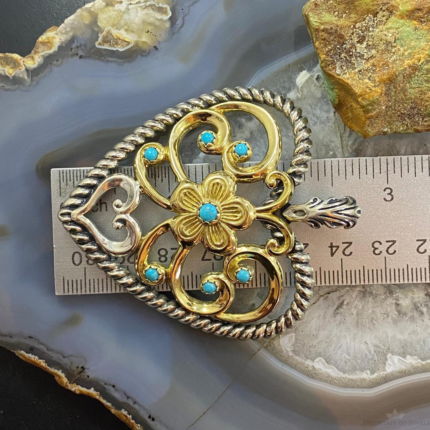 Carolyn Pollack Southwestern Style Sterling Silver & Brass Turquoise Heart Pendant For Women