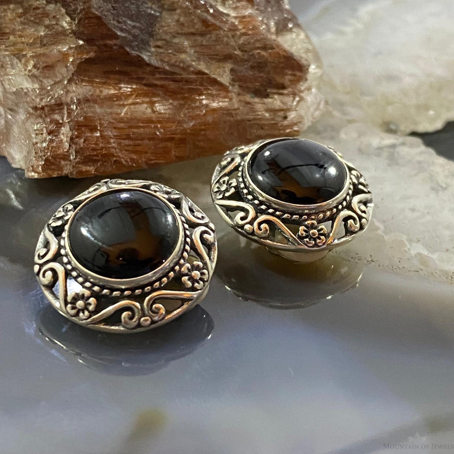Carolyn Pollack Sterling Silver Round Onyx Decorated Clip-On Earrings For Women