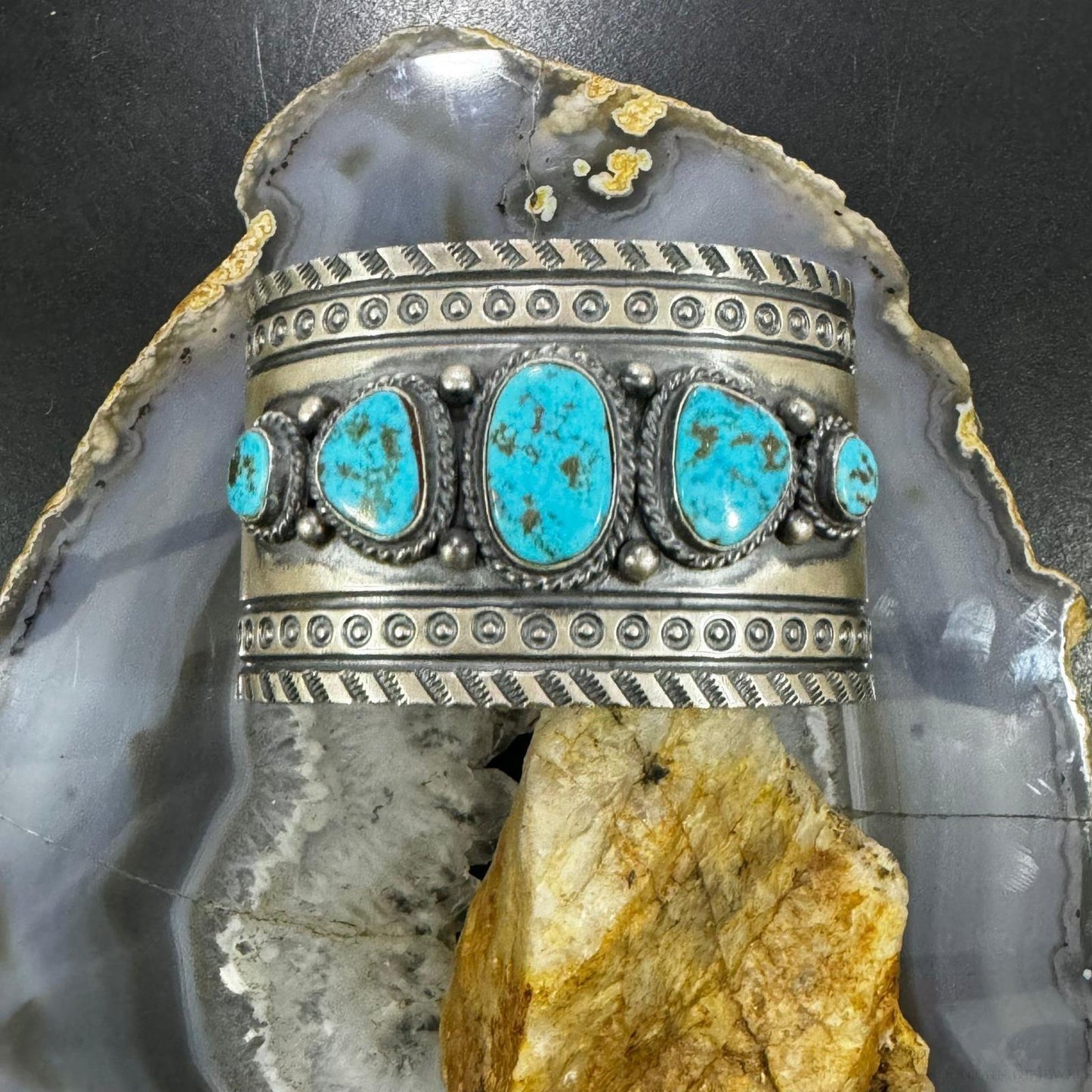 Sterling Silver Native American Turquoise Wide and Heavy Stamped Unisex Bracelet