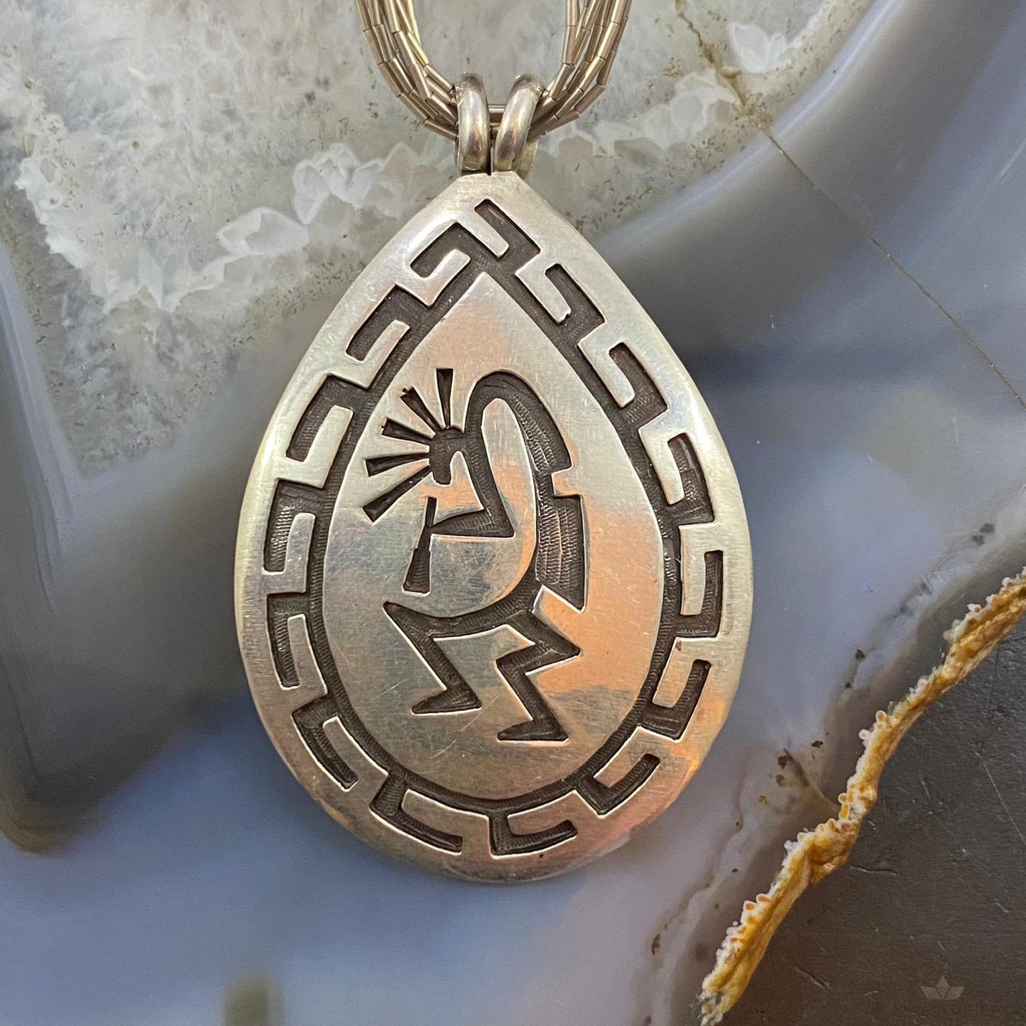 Vintage Native American Sterling Silver Hopi Kokopelli Pendant w/Liquid Silver Necklace
