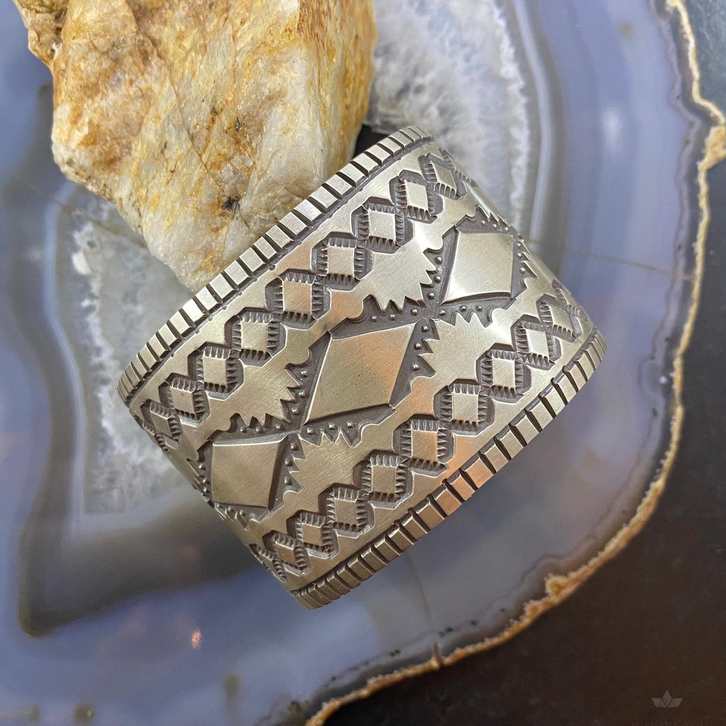 Jerrold Tahe Native American Sterling Silver Stamped Wide Bracelet For Women