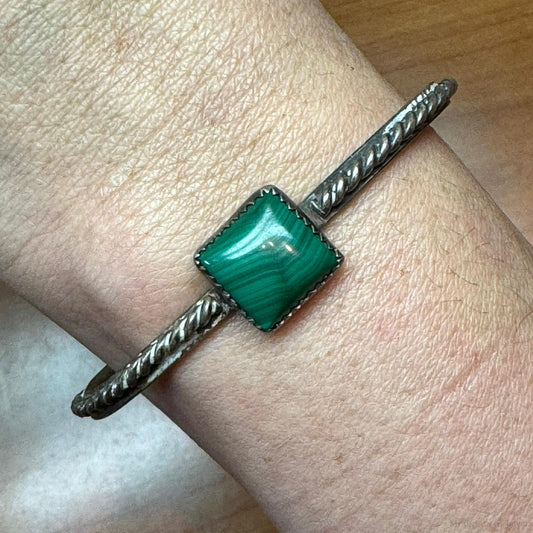 Vintage Native American Silver Square Malachite Decorated Bracelet For Women