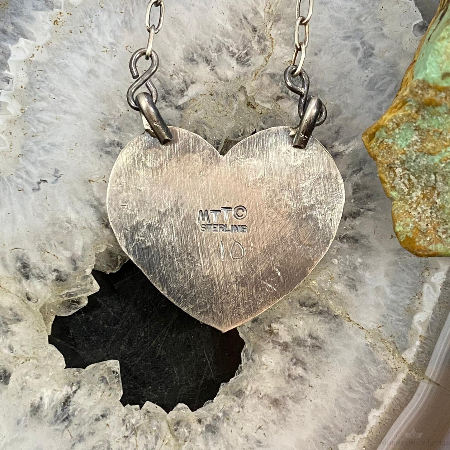 Marie Tsosie Native American Sterling Silver Oval Kingman Turquoise Stamped Heart Necklace For Women