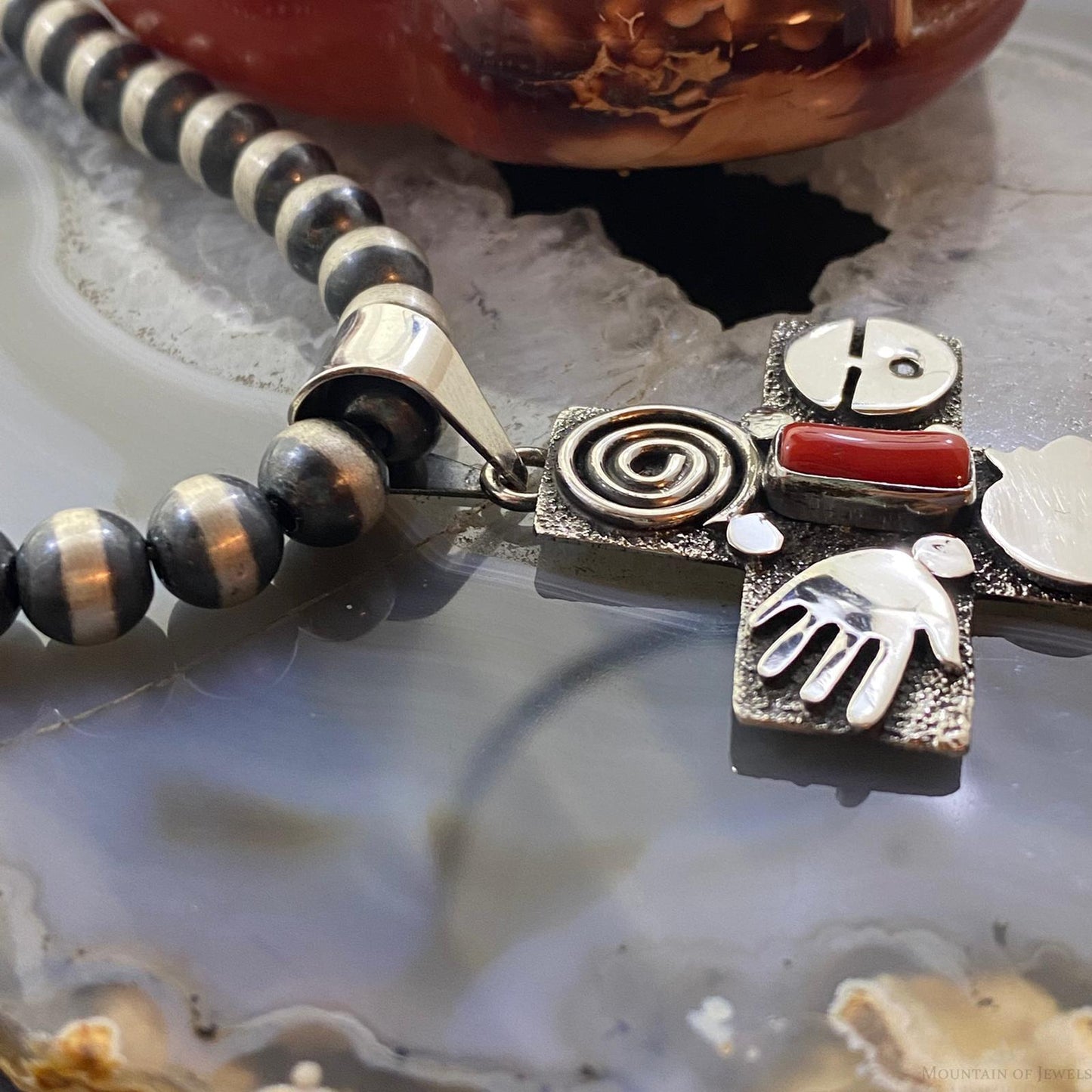 Alex Sanchez Native American Sterling Coral Petroglyph Cross Uni Pendant #3 - Mountain Of Jewels