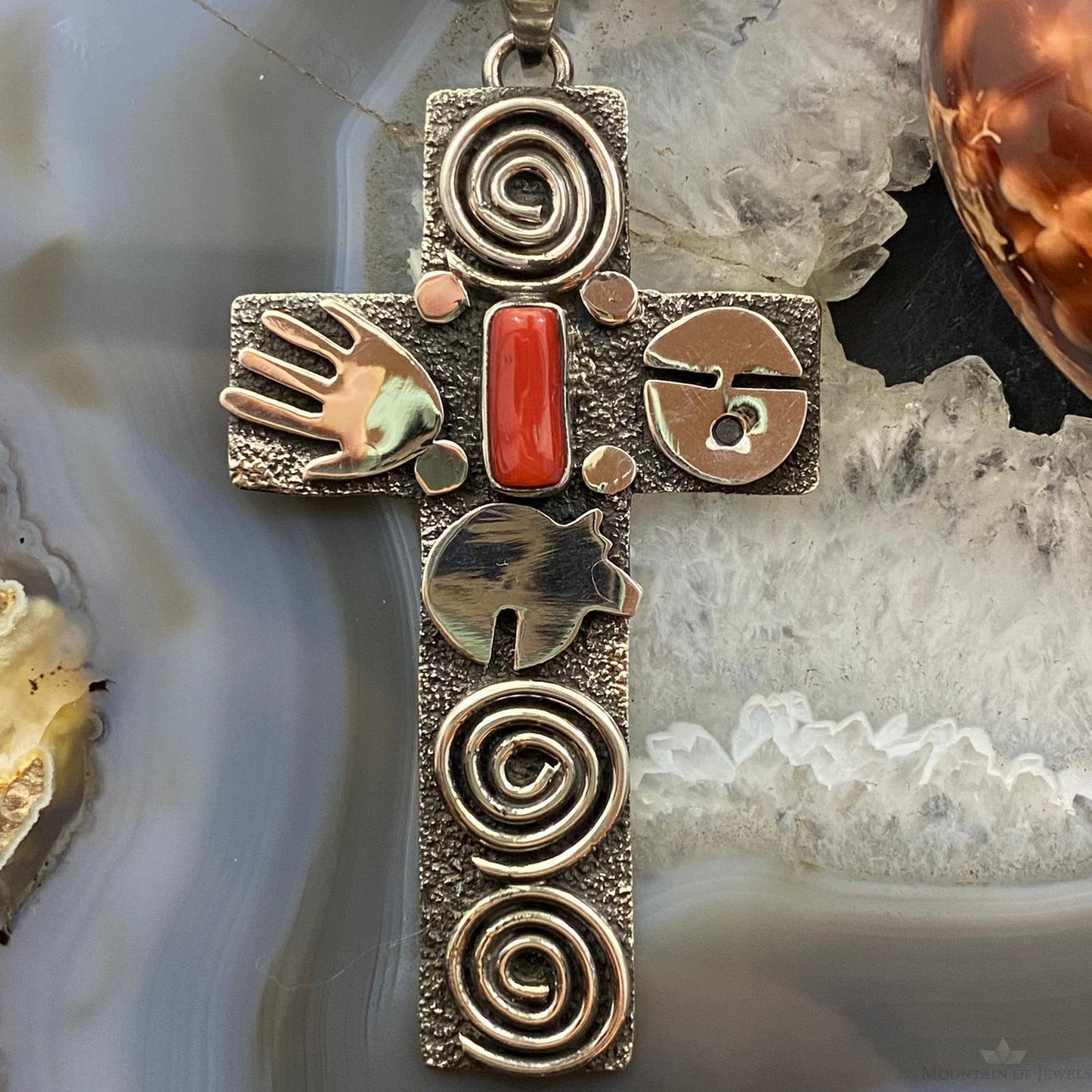 Alex Sanchez Native American Sterling Coral Petroglyph Cross Uni Pendant #3 - Mountain Of Jewels