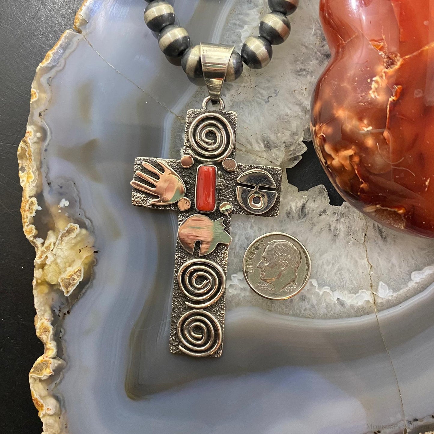 Alex Sanchez Native American Sterling Coral Petroglyph Cross Uni Pendant #3 - Mountain Of Jewels