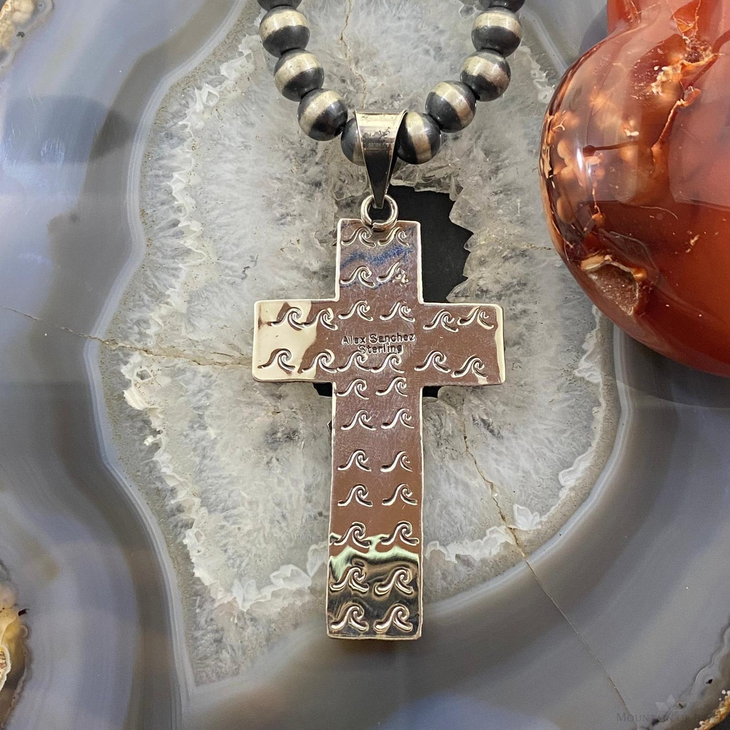 Alex Sanchez Native American Sterling Coral Petroglyph Cross Uni Pendant #3 - Mountain Of Jewels