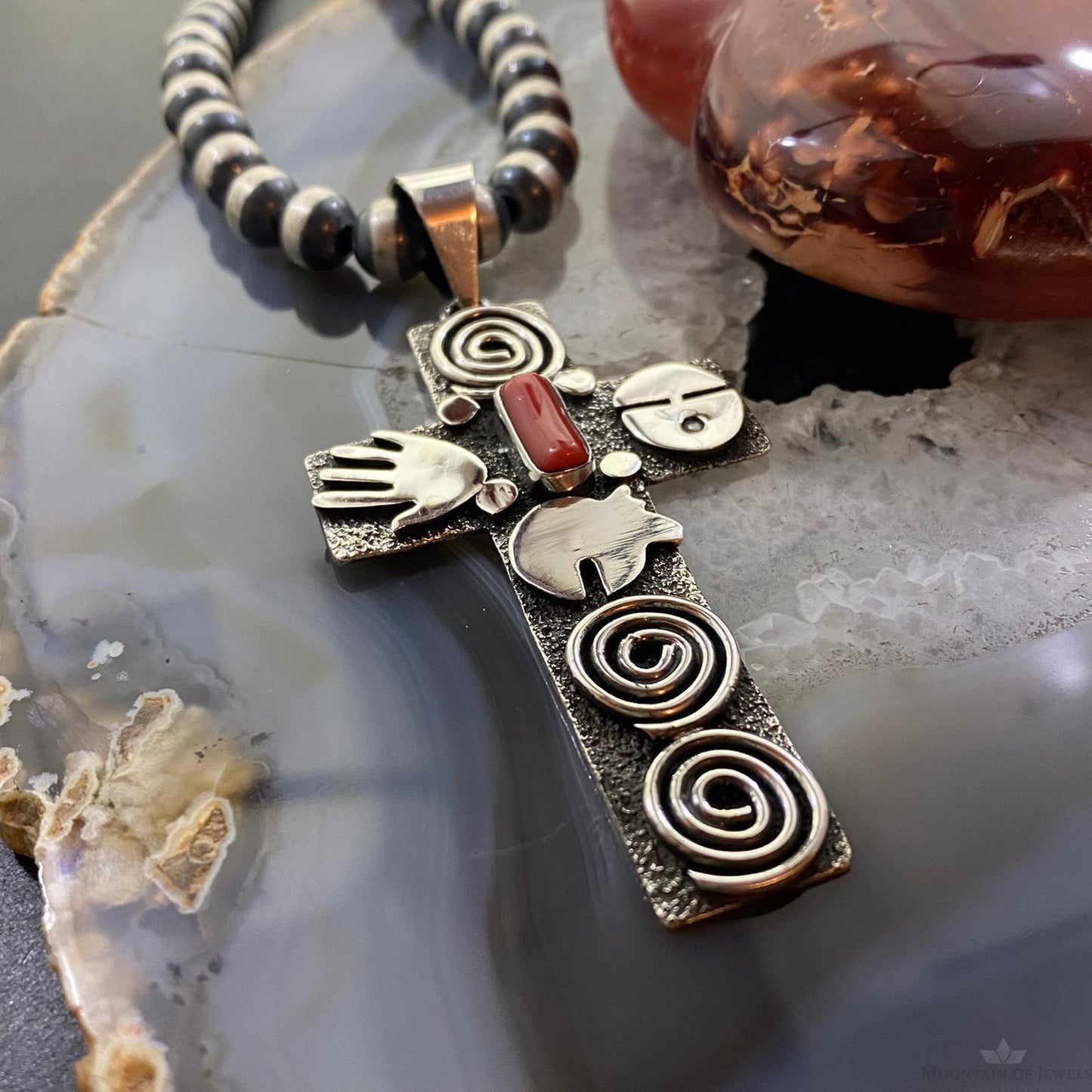 Alex Sanchez Native American Sterling Coral Petroglyph Cross Uni Pendant #3 - Mountain Of Jewels