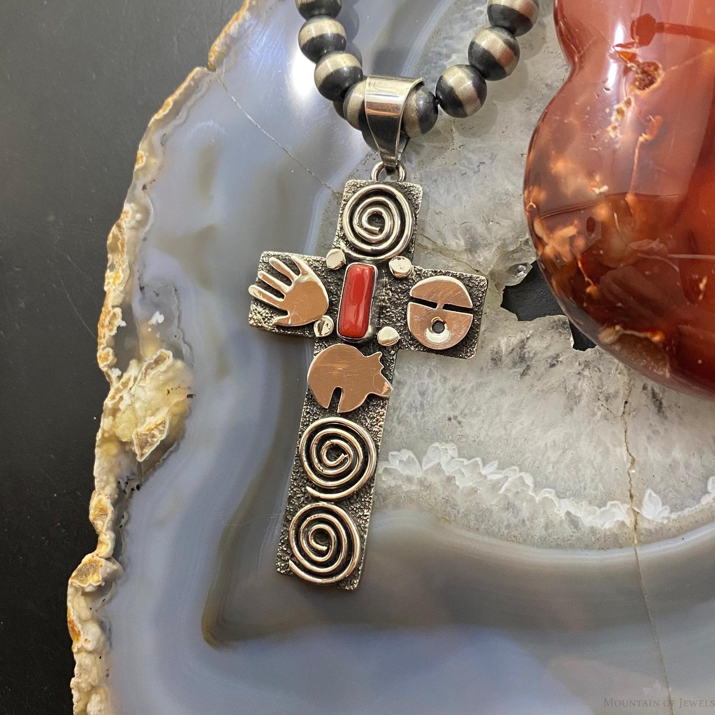 Alex Sanchez Native American Sterling Coral Petroglyph Cross Uni Pendant #3 - Mountain Of Jewels
