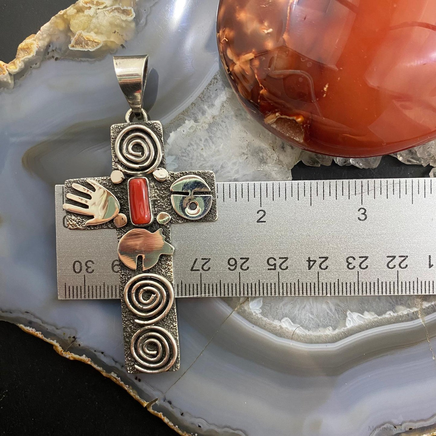 Alex Sanchez Native American Sterling Coral Petroglyph Cross Uni Pendant #3 - Mountain Of Jewels