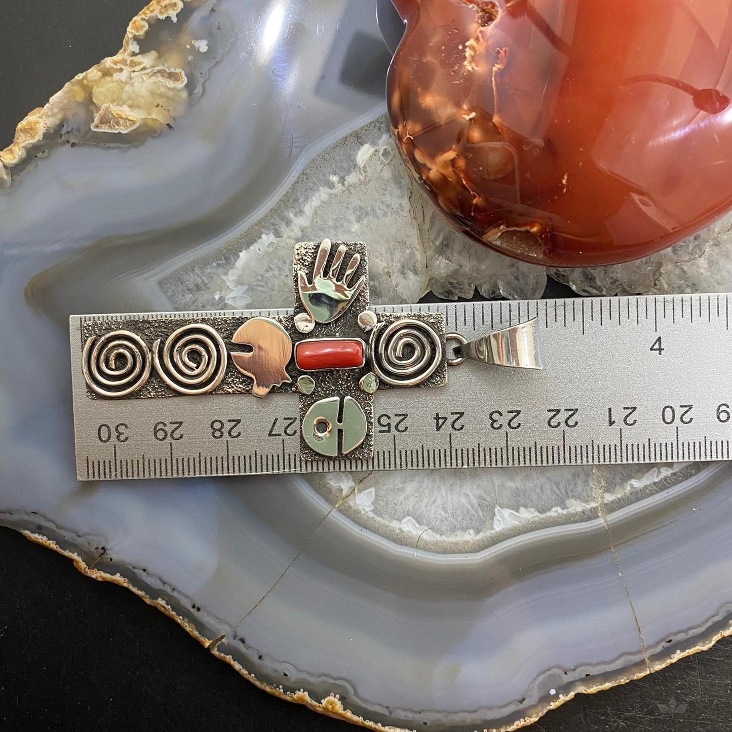 Alex Sanchez Native American Sterling Coral Petroglyph Cross Uni Pendant #3 - Mountain Of Jewels