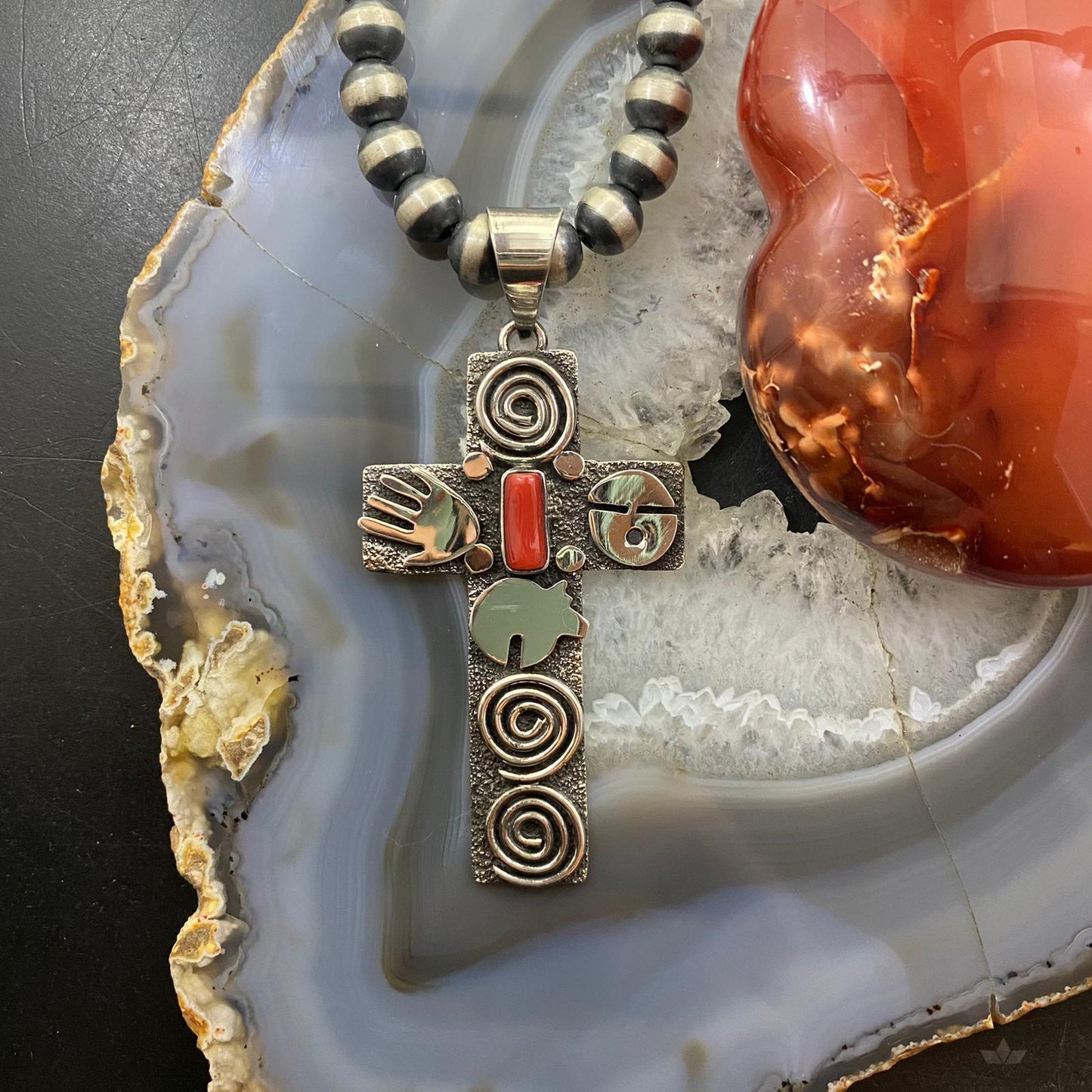 Alex Sanchez Native American Sterling Coral Petroglyph Cross Uni Pendant #3 - Mountain Of Jewels