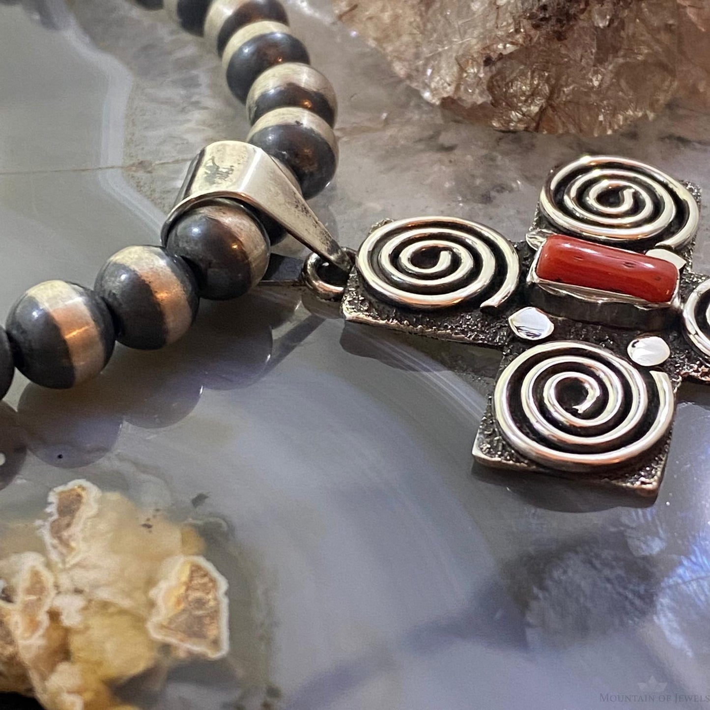 Alex Sanchez Native American Sterling Coral Petroglyph Cross Unisex Pendant #2 - Mountain Of Jewels