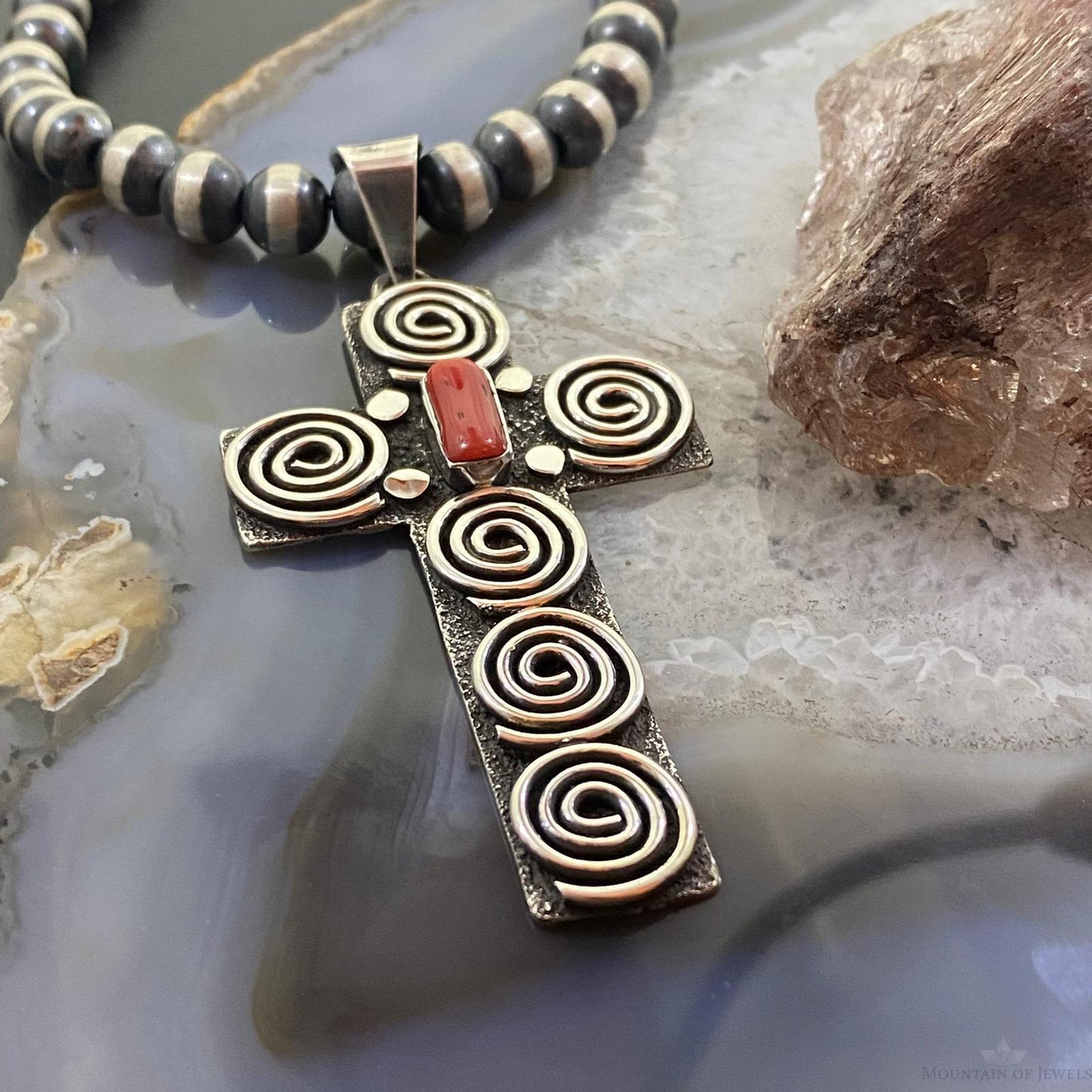 Alex Sanchez Native American Sterling Coral Petroglyph Cross Unisex Pendant #2 - Mountain Of Jewels