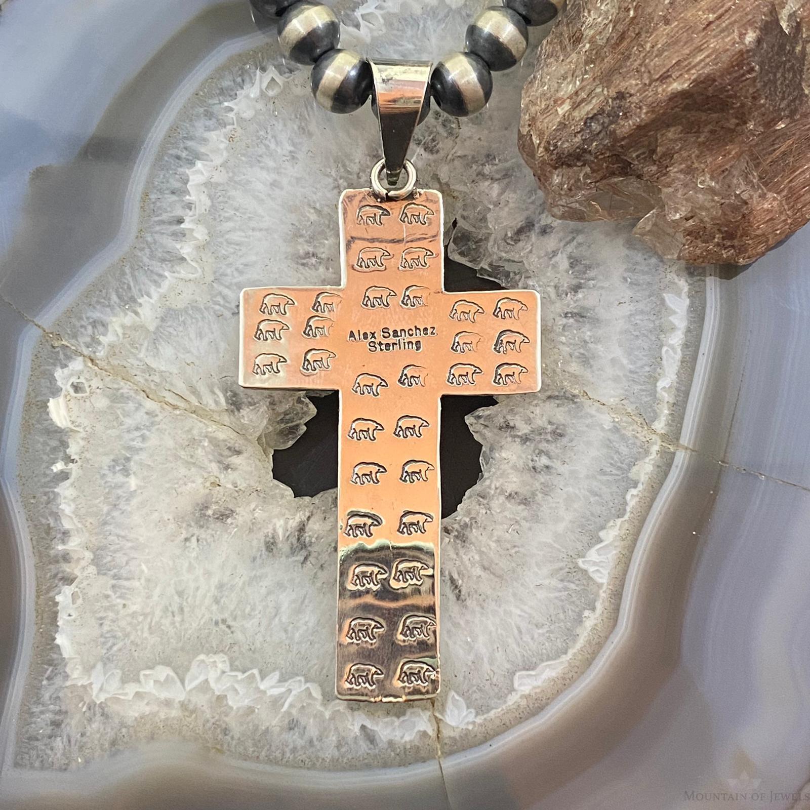 Alex Sanchez Native American Sterling Coral Petroglyph Cross Unisex Pendant #2 - Mountain Of Jewels