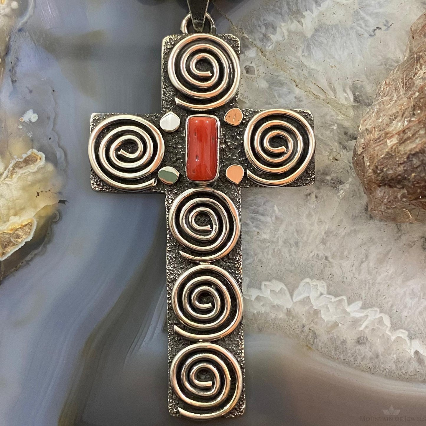 Alex Sanchez Native American Sterling Coral Petroglyph Cross Unisex Pendant #2 - Mountain Of Jewels