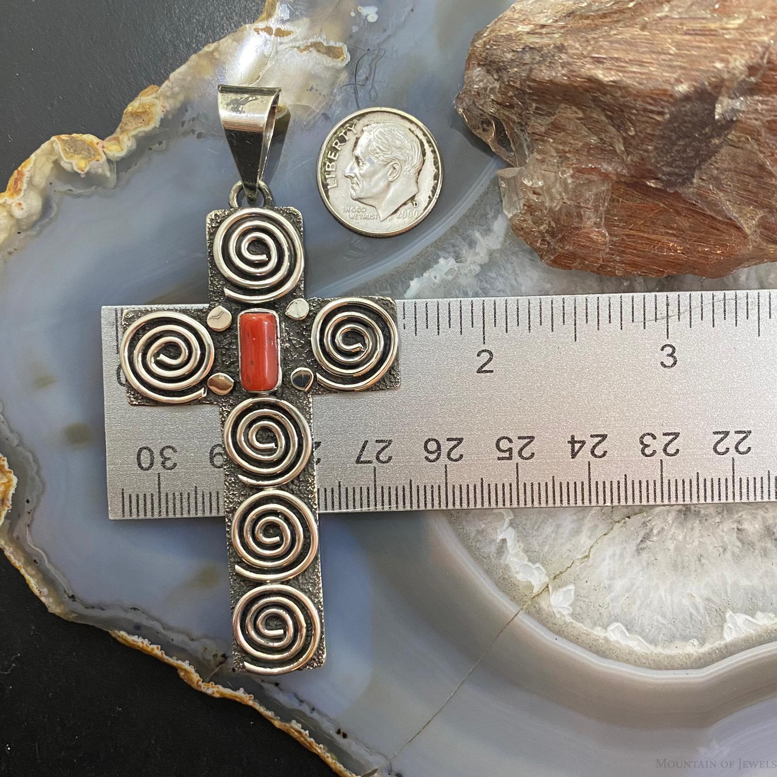 Alex Sanchez Native American Sterling Coral Petroglyph Cross Unisex Pendant #2 - Mountain Of Jewels