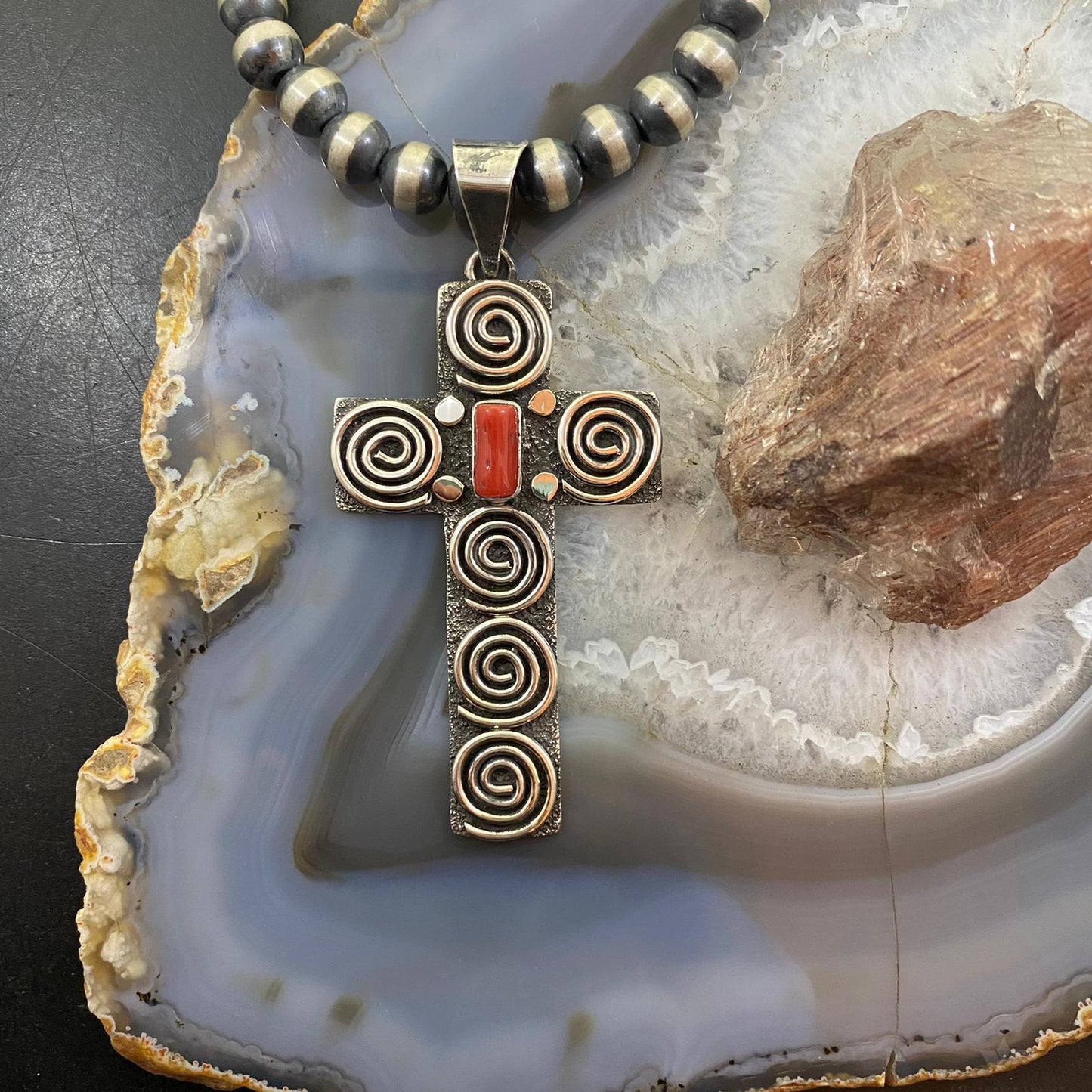 Alex Sanchez Native American Sterling Coral Petroglyph Cross Unisex Pendant #2 - Mountain Of Jewels