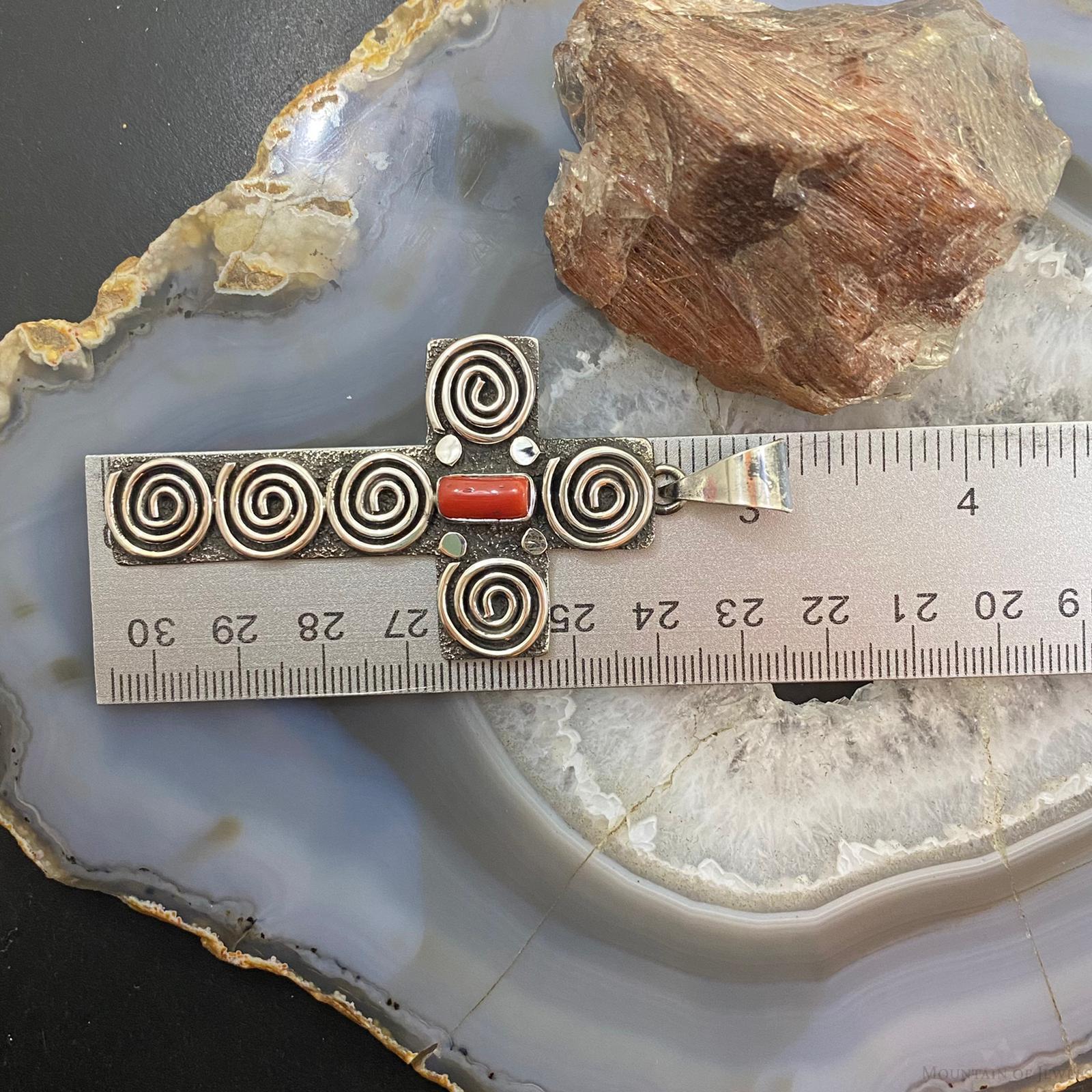 Alex Sanchez Native American Sterling Coral Petroglyph Cross Unisex Pendant #2 - Mountain Of Jewels