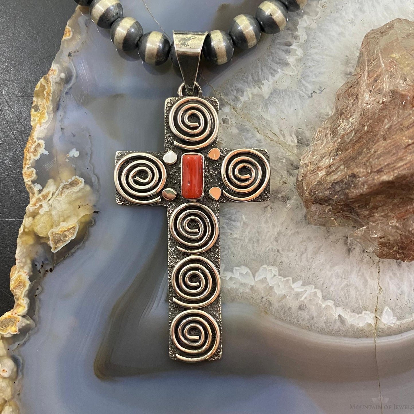 Alex Sanchez Native American Sterling Coral Petroglyph Cross Unisex Pendant #2 - Mountain Of Jewels