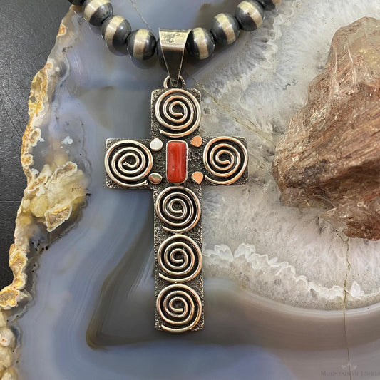 Alex Sanchez Native American Sterling Coral Petroglyph Cross Unisex Pendant #2 - Mountain Of Jewels