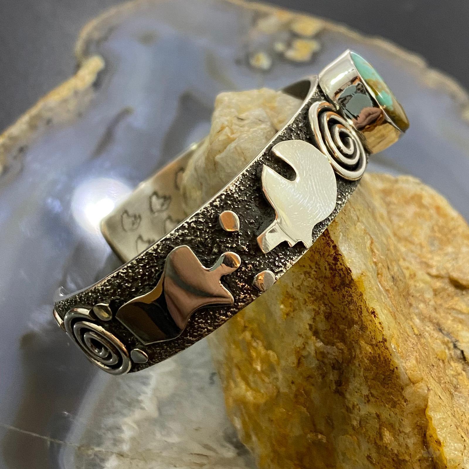 Alex Sanchez Native American Sterling Silver Turquoise Petroglyph Bracelet #1 - Mountain Of Jewels