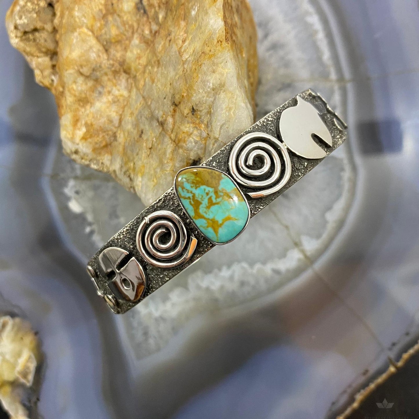 Alex Sanchez Native American Sterling Silver Turquoise Petroglyph Bracelet #1 - Mountain Of Jewels