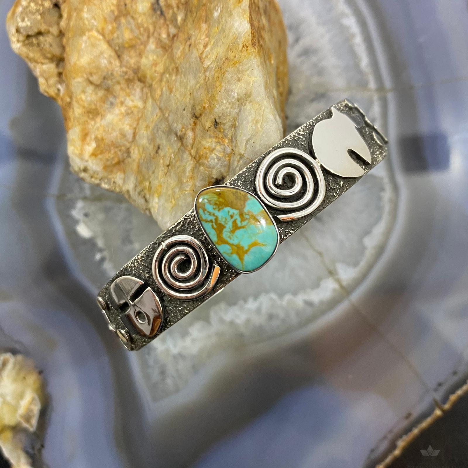 Alex Sanchez Native American Sterling Silver Turquoise Petroglyph Bracelet #1 - Mountain Of Jewels
