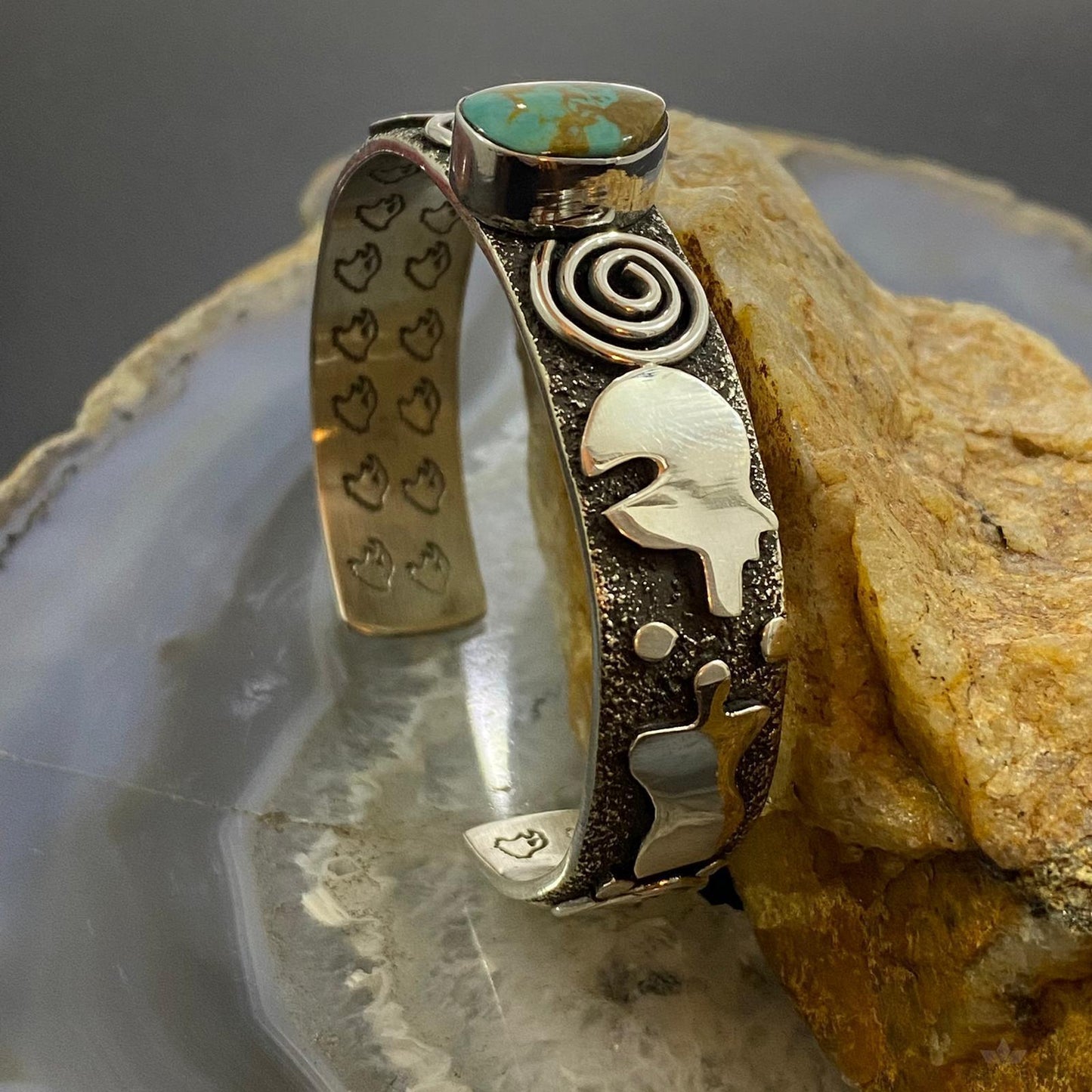 Alex Sanchez Native American Sterling Silver Turquoise Petroglyph Bracelet #1 - Mountain Of Jewels