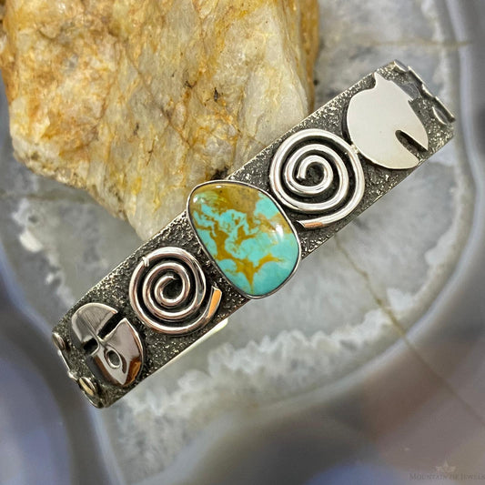 Alex Sanchez Native American Sterling Silver Turquoise Petroglyph Bracelet #1 - Mountain Of Jewels