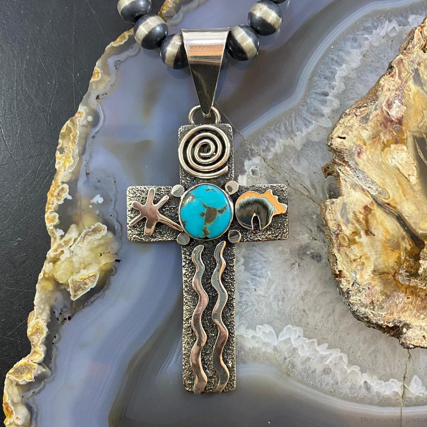 Alex Sanchez Native American Sterling Turquoise Petroglyph Cross Uni Pendant #1 - Mountain of Jewels