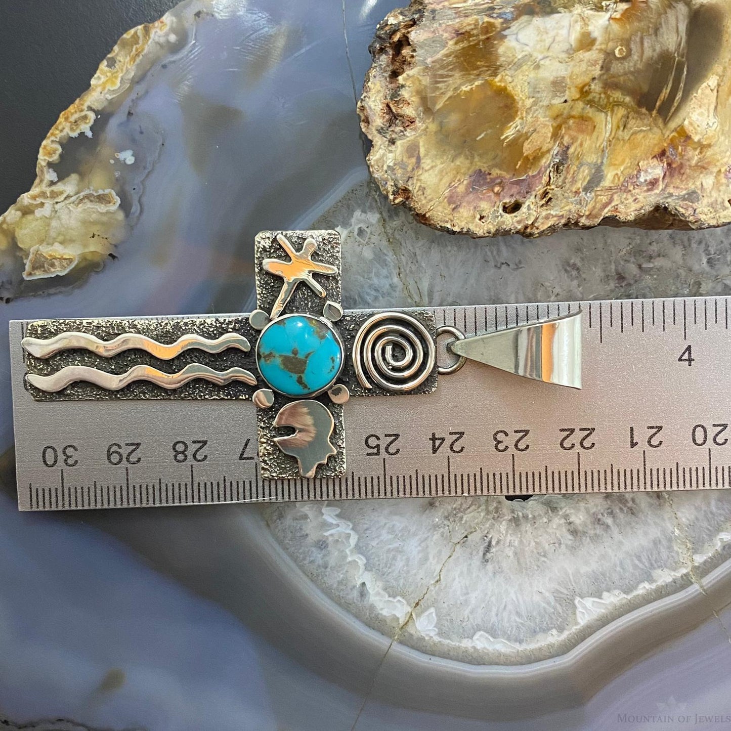 Alex Sanchez Native American Sterling Turquoise Petroglyph Cross Uni Pendant #1 - Mountain of Jewels