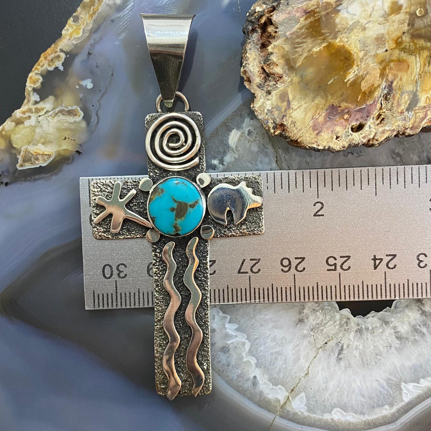 Alex Sanchez Native American Sterling Turquoise Petroglyph Cross Uni Pendant #1 - Mountain of Jewels