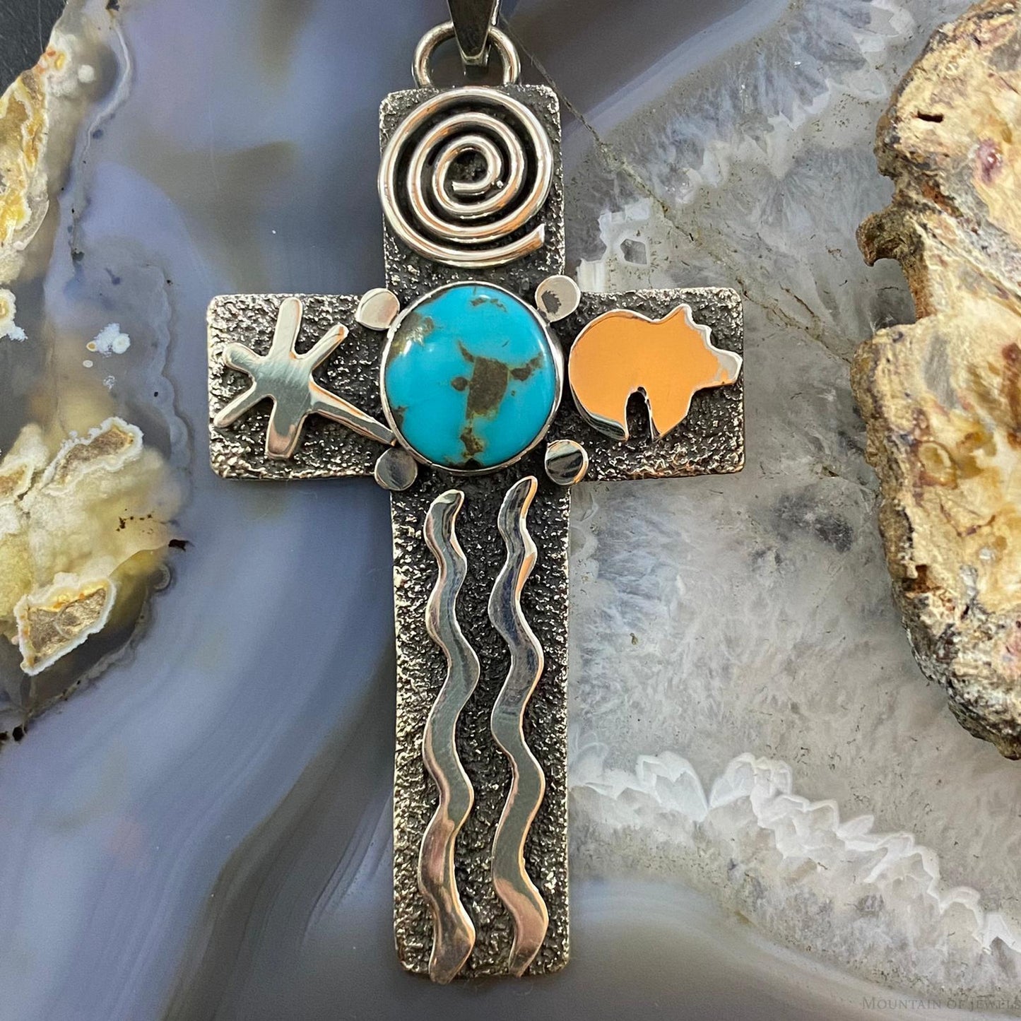 Alex Sanchez Native American Sterling Turquoise Petroglyph Cross Uni Pendant #1 - Mountain of Jewels