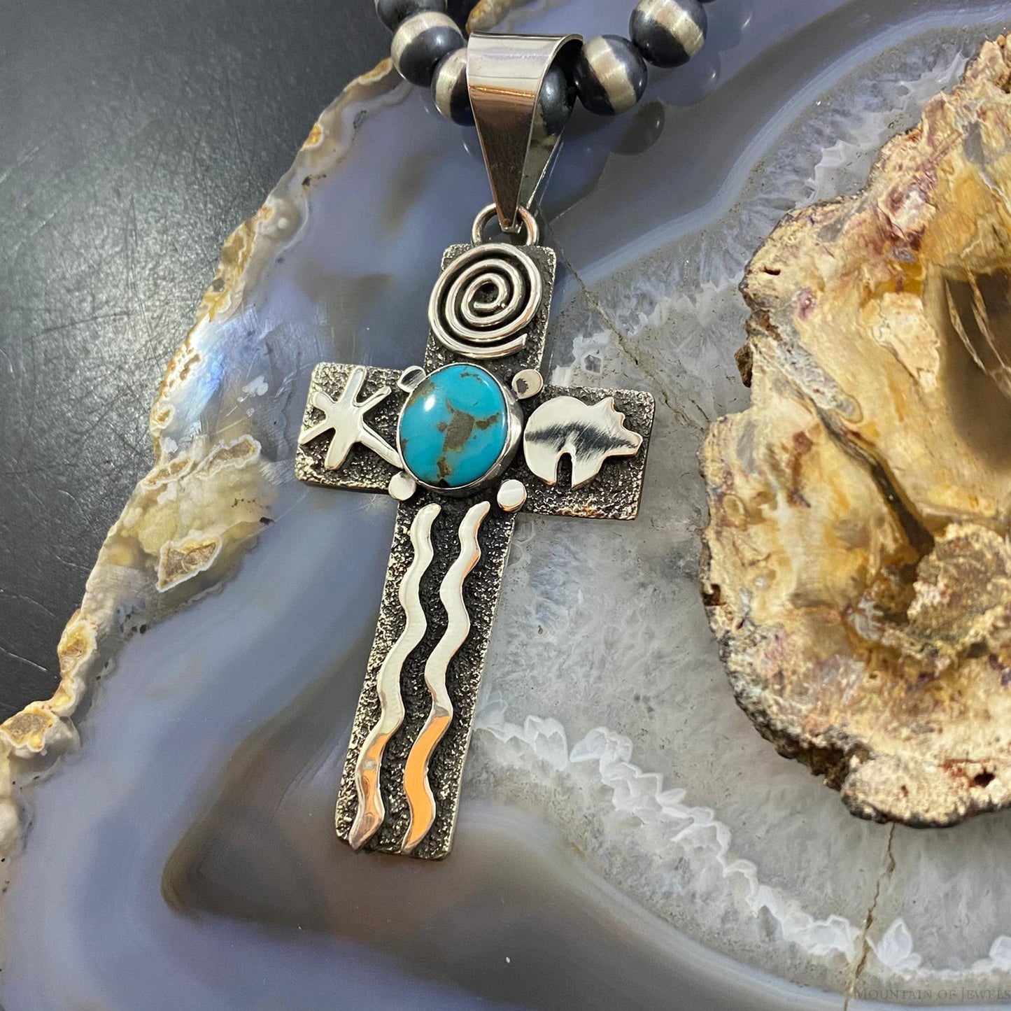 Alex Sanchez Native American Sterling Turquoise Petroglyph Cross Uni Pendant #1 - Mountain of Jewels