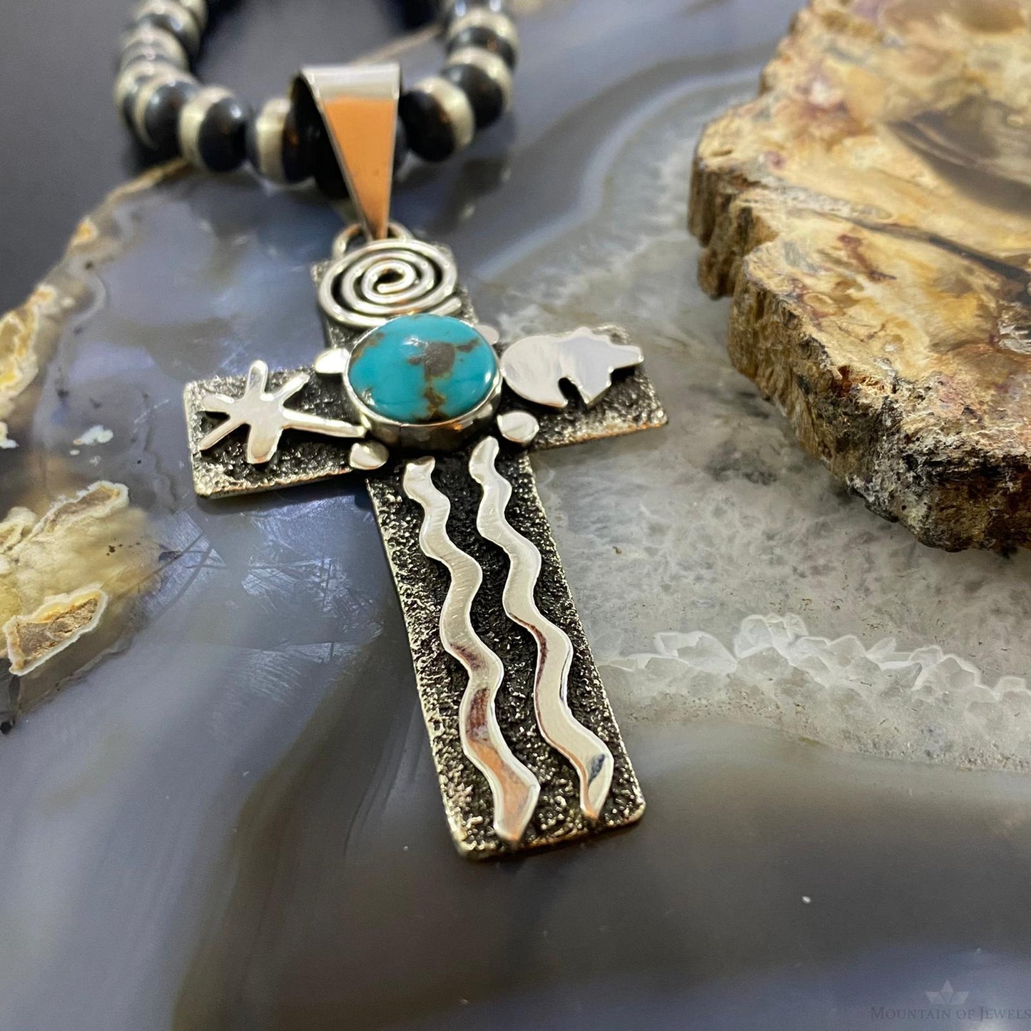 Alex Sanchez Native American Sterling Turquoise Petroglyph Cross Uni Pendant #1 - Mountain of Jewels