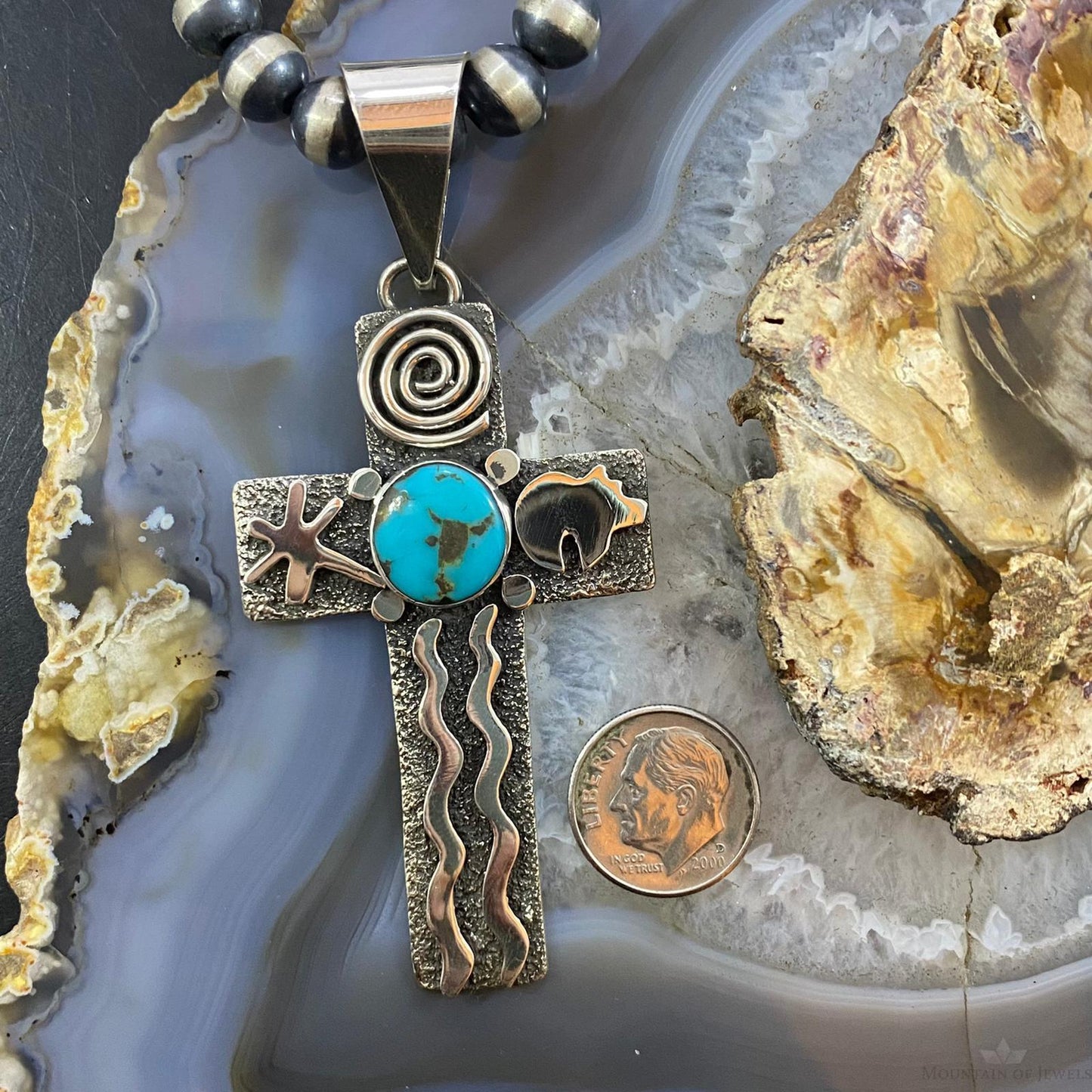 Alex Sanchez Native American Sterling Turquoise Petroglyph Cross Uni Pendant #1 - Mountain of Jewels