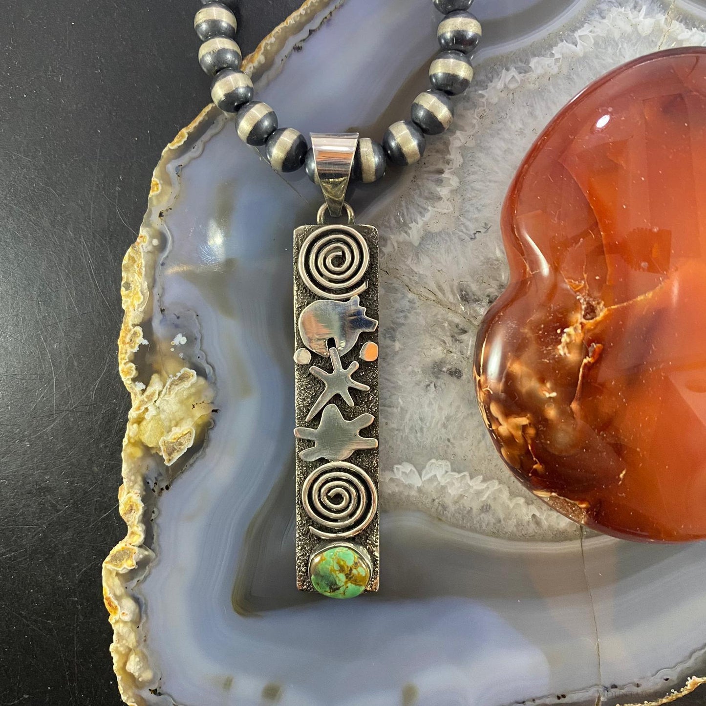 Alex Sanchez Native American Sterling Turquoise & Petroglyph Uni Long Pendant - Mountain of Jewels