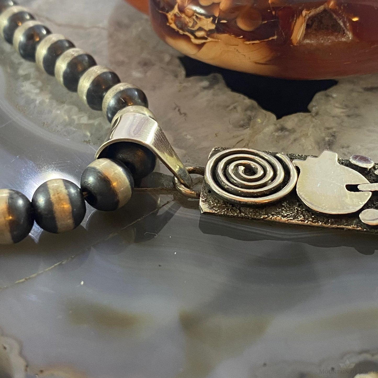 Alex Sanchez Native American Sterling Turquoise & Petroglyph Uni Long Pendant - Mountain of Jewels