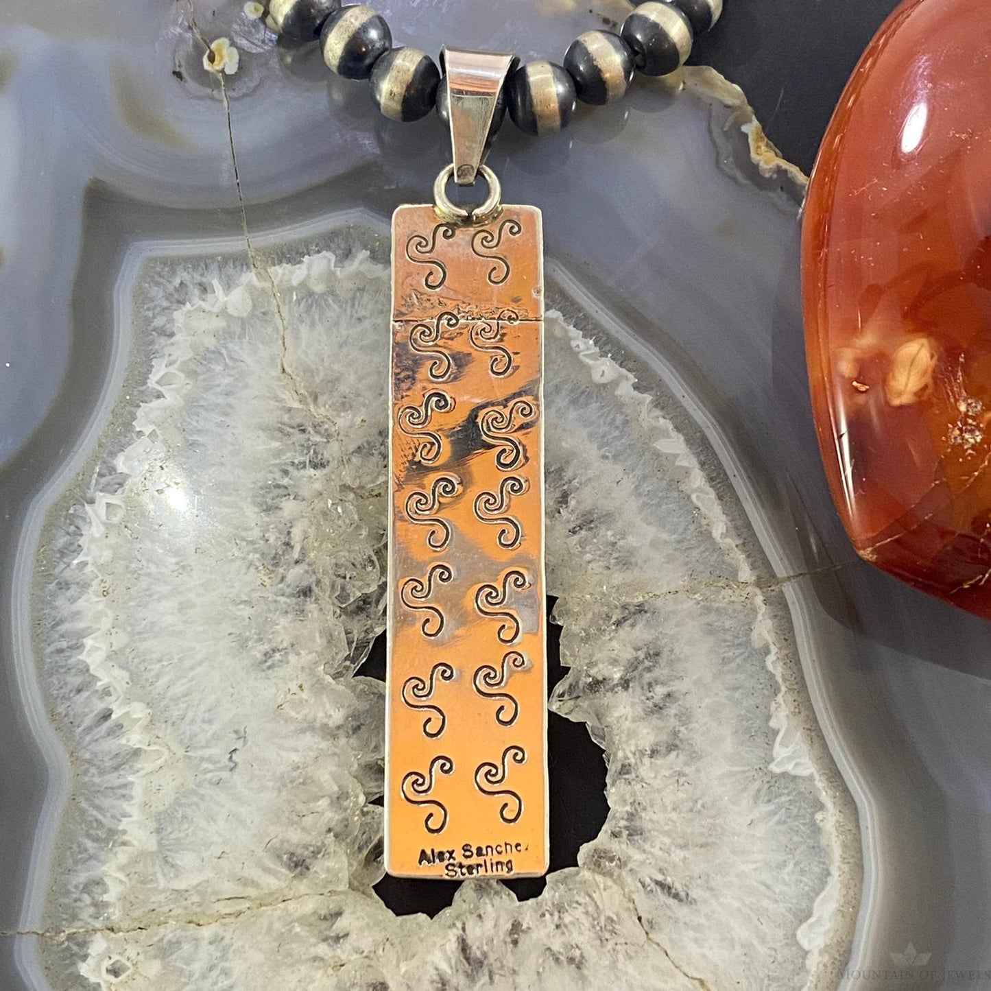Alex Sanchez Native American Sterling Turquoise & Petroglyph Uni Long Pendant - Mountain of Jewels