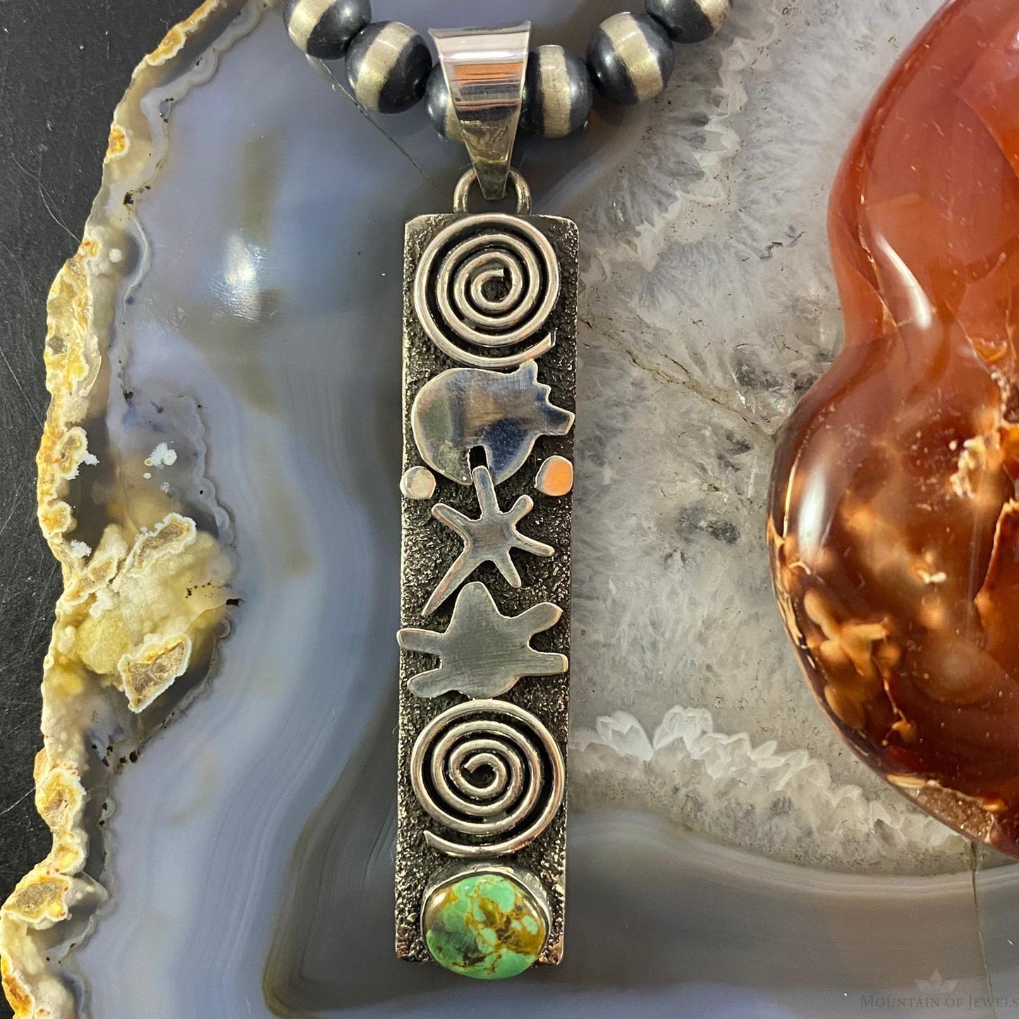 Alex Sanchez Native American Sterling Turquoise & Petroglyph Uni Long Pendant - Mountain of Jewels