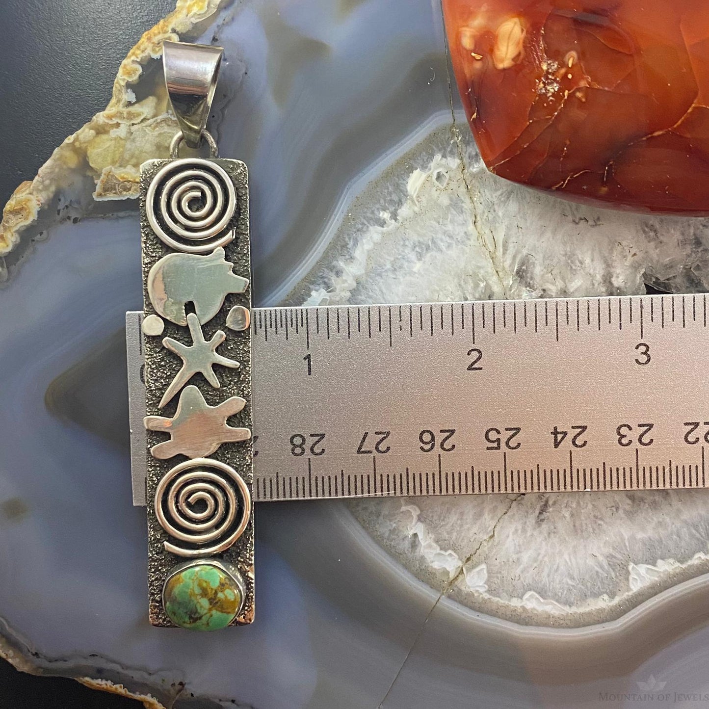 Alex Sanchez Native American Sterling Turquoise & Petroglyph Uni Long Pendant - Mountain of Jewels