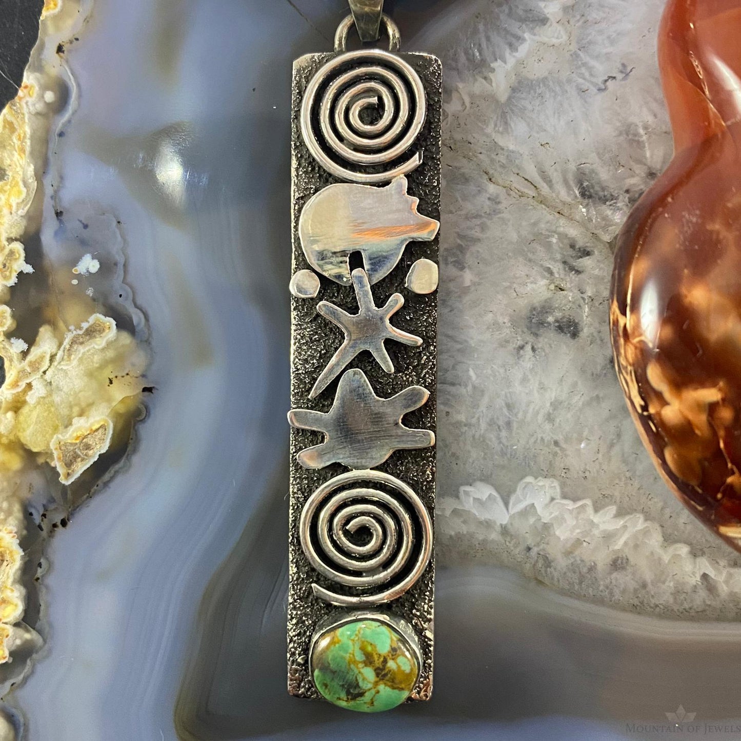 Alex Sanchez Native American Sterling Turquoise & Petroglyph Uni Long Pendant - Mountain of Jewels