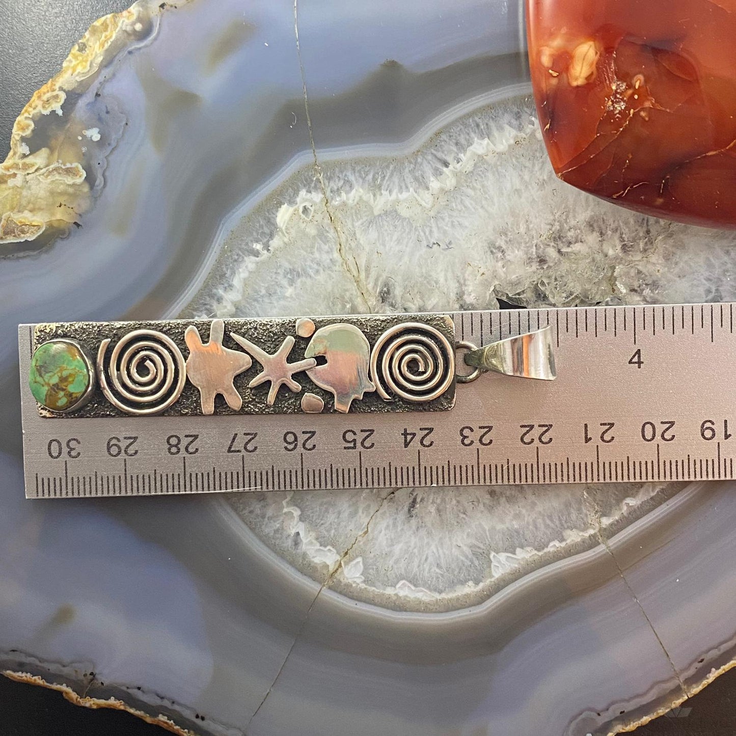Alex Sanchez Native American Sterling Turquoise & Petroglyph Uni Long Pendant - Mountain of Jewels