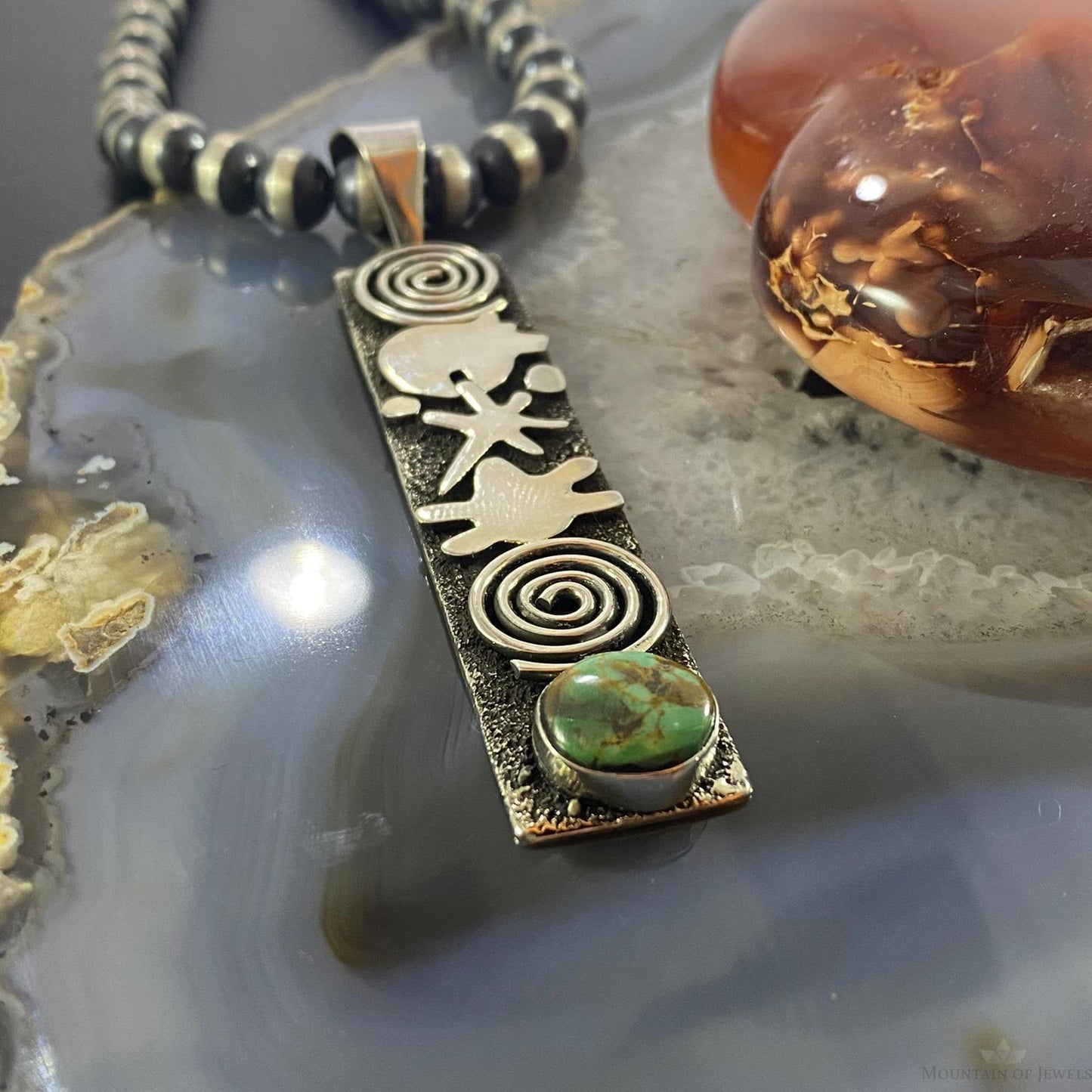 Alex Sanchez Native American Sterling Turquoise & Petroglyph Uni Long Pendant - Mountain of Jewels