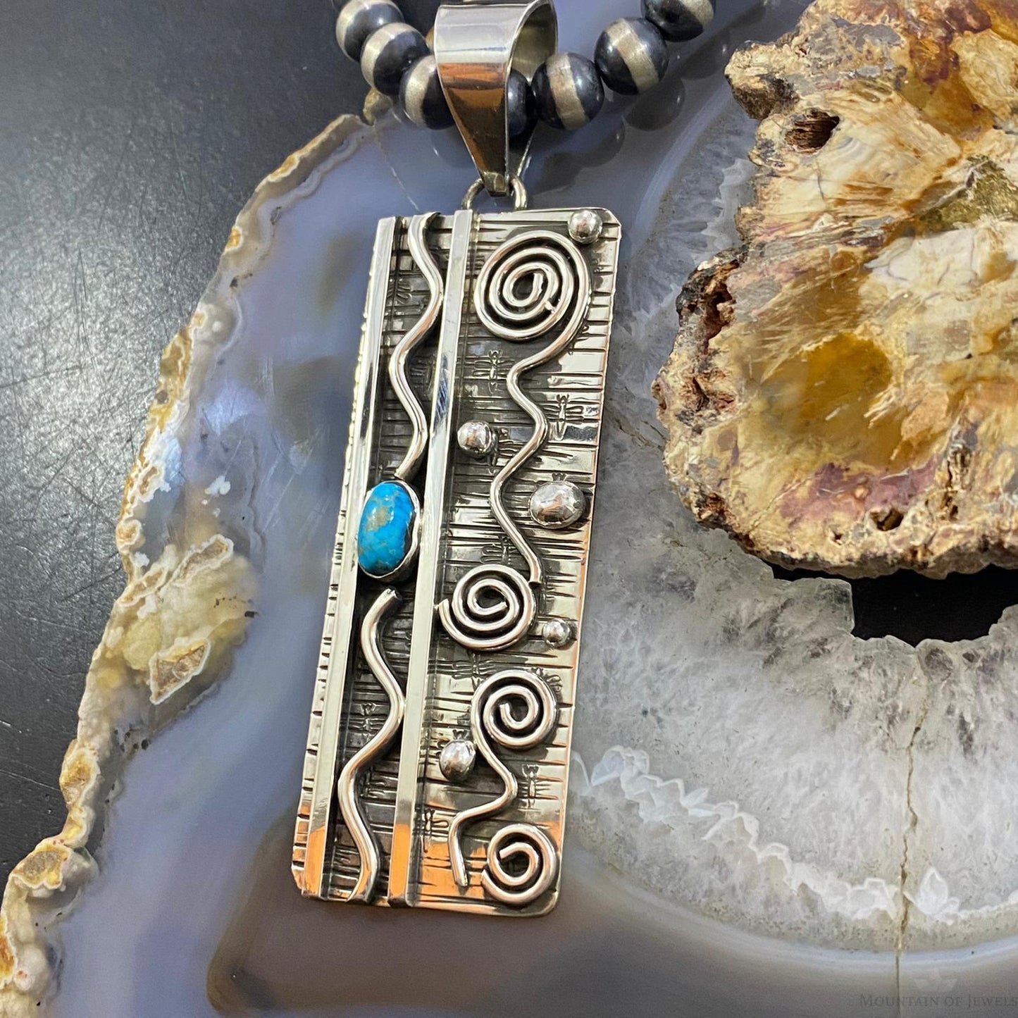 Alex Sanchez New Style Sterling Silver Turquoise Rectangle Unisex Pendant - Mountain of Jewels