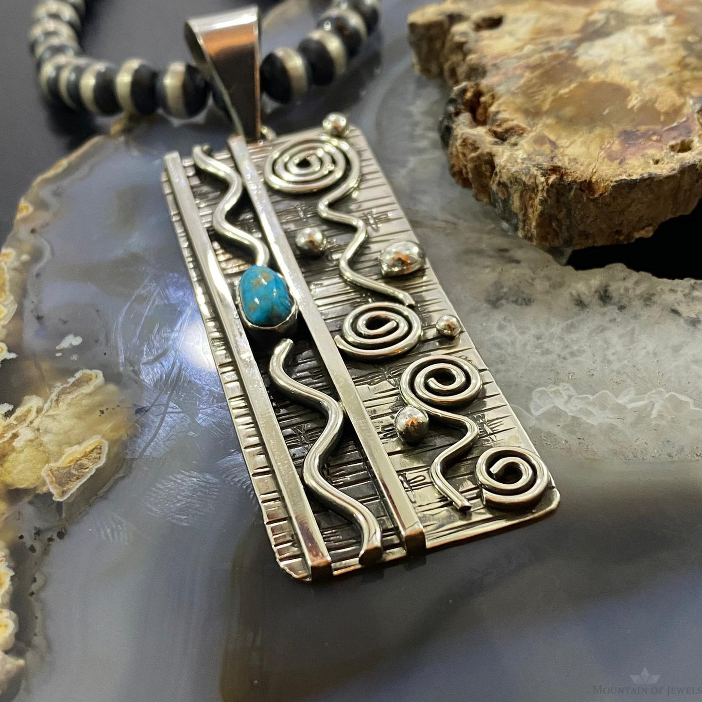 Alex Sanchez New Style Sterling Silver Turquoise Rectangle Unisex Pendant - Mountain of Jewels