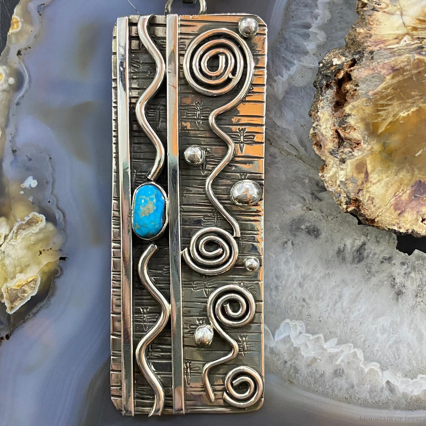 Alex Sanchez New Style Sterling Silver Turquoise Rectangle Unisex Pendant - Mountain of Jewels