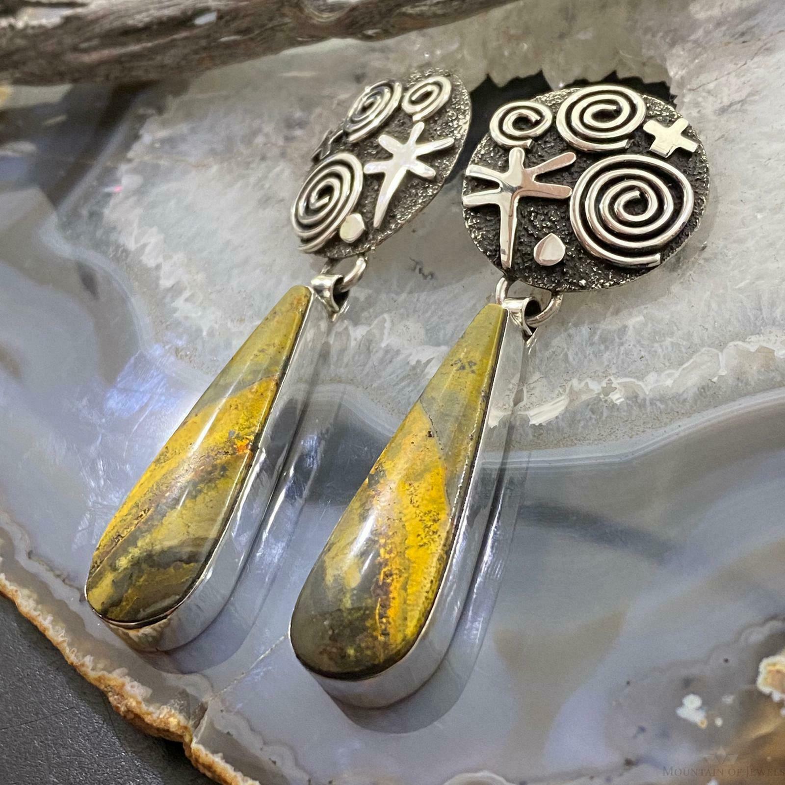 Alex Sanchez Sterling Silver Bumblebee Jasper Petroglyph Drop Earrings For Women - Mountain Of Jewels